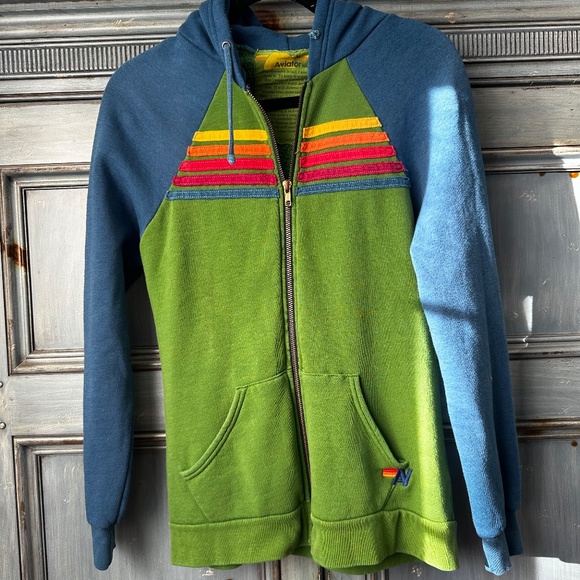 Aviator Nation 2 Tone 5  Stripe Zip Up Hoodie in Green and Blue Size M - Picture 1 of 6